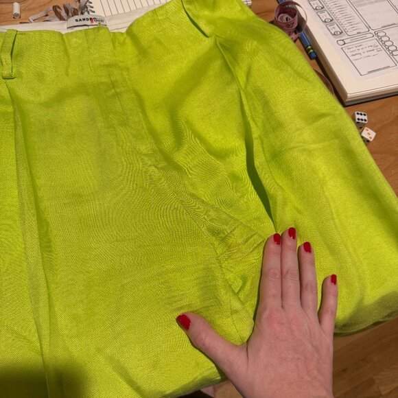 Sandro Neon Lime Green Pants w/ Defect Viscose Linen Wide Leg Trouser Pleated - Picture 8 of 9